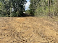 a dirt road with dirt tracks in the woods